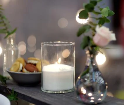Table set for an event party or wedding reception in rustic or scandinavian s Foto stock