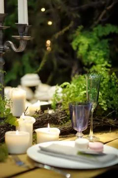 Table set for an event party or wedding reception in rustic or scandinavian s Stock Photos