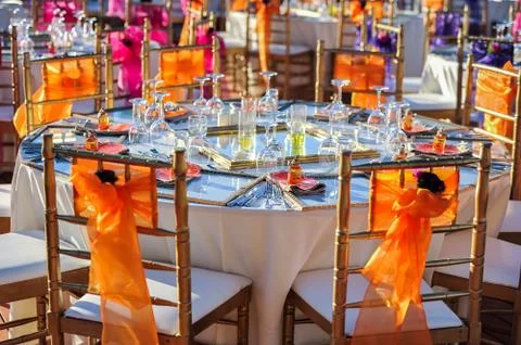 Table set for an event party or wedding reception Stock Photos