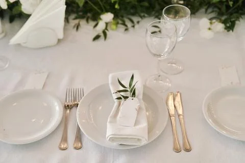 Table set for an event party or wedding reception. Stock Photos