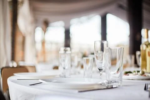 Table set for an event party or wedding reception. Banquet table design. Festive Stock Photos