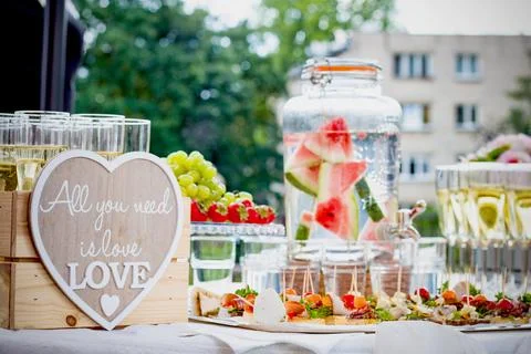 Table set with festive snacks and appetizers 스톡 사진