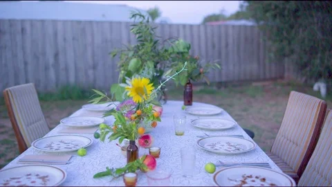 Table set in a garden at dusk Video stock 76132699