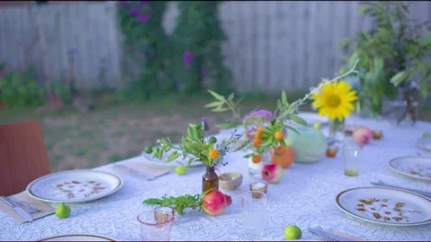 Table set in a garden at dusk Vídeos de archivo 76132719
