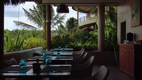 A table set for guests in a coastal cafe, a table in a cafe waiting for guests Stock Footage 217502626