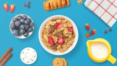Table set of a healthy breakfast. Top view of a breakfast with fruits, cereal Stock Photos