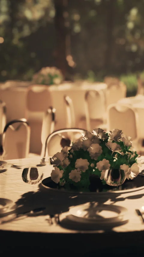 A table is set for a meal outdoors with a flower centerpiece in the middle Stock Footage 338378419
