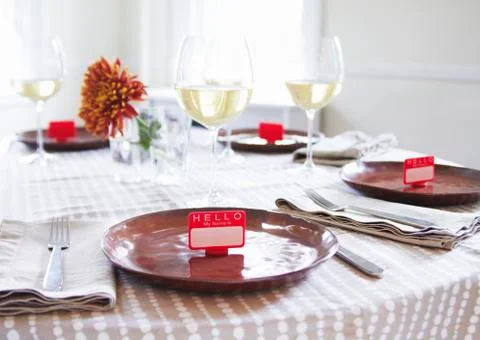 Table Set with Name Tag Place Settings; White Wine Stock Photos