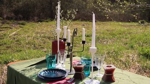 A table set in nature at the dacha in spring for lunch or dinner Stock Footage 193106108