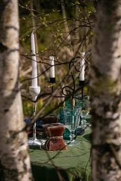 A table set in nature at the dacha in spring for lunch or dinner Stock Photos