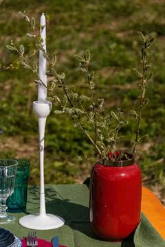 A table set in nature at the dacha in spring for lunch or dinner Stock Photos