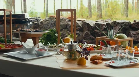 The table is set in the open air 스톡 동영상 55358314