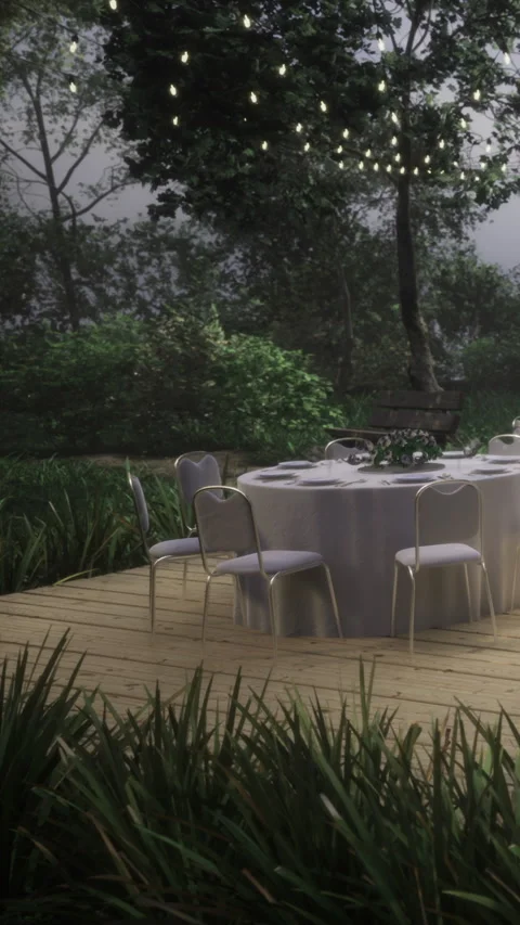 Table set up for outdoor event in a garden during evening time Stock Footage 334180646