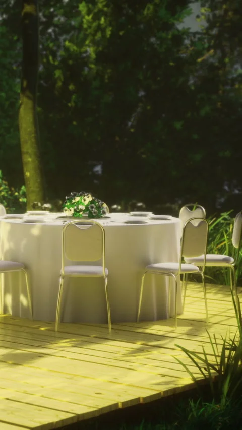 Table set for outdoor gathering in a green area during bright daylight Stock Footage 335964133