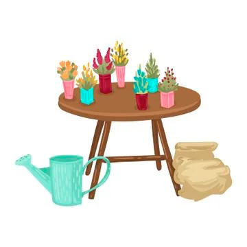 Table with a set of potted plants, watering can and bag. Vector cartoon Stock Illustration
