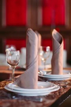 Table set. Restaurant table service on the black table Stock Photos