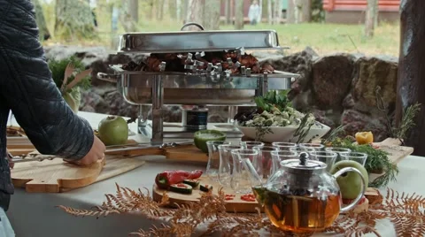 The table is set. Rich serving . Party in the open air . Stock Footage 55358387