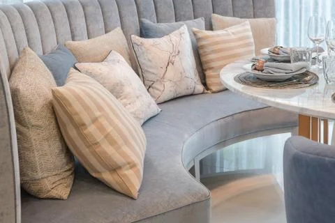 Table set on round table dining in luxury dining room Stock Photos