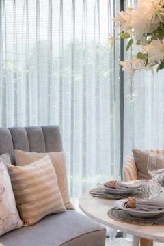 Table set on round table dining in luxury dining room Stock Photos