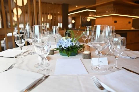 Table set in soft pink and white for wedding or event party. Luxury decoration 写真素材
