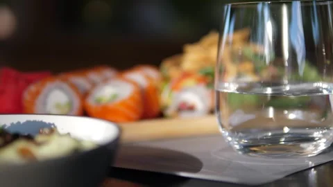 The table is set with a tempting assortment of sushi and rolls Stock Footage 282717171