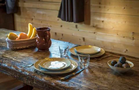 Table set for two people in a mountain chalet, Haute-Savoie, France Stock Photos