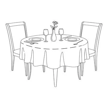 Table set for two with wine glasses plates and flower vase chairs dinner Stock Illustration