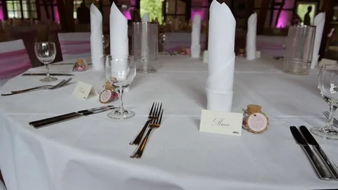 Table set for wedding or another catered event dinner Stock Footage 75882964