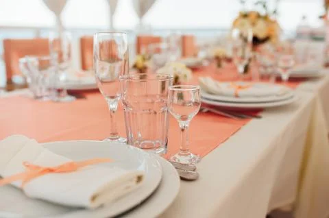 Table set for wedding or another catered event Stock Photos