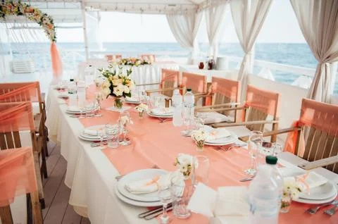 Table set for wedding or another catered event 스톡 사진