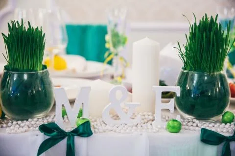 Table set for wedding or another event in green color 写真素材