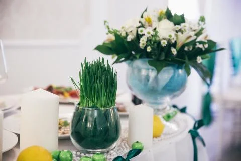 Table set for wedding or another event in green color Stock Photos