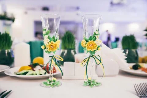 Table set for wedding or another event in green color 写真素材