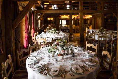 Table set for wedding or another catered event dinner Stock Photos