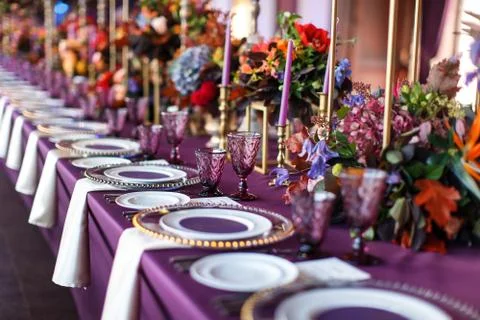 Table set for wedding or another catered event dinner Stock Photos