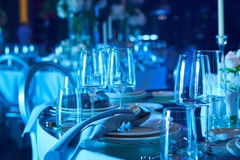 Table set for wedding or another catered event dinner. Foto stock