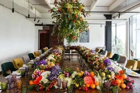 Table set for wedding or another catered event dinner Stock Photos