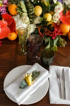 Table set for wedding or another catered event dinner Stock Photos