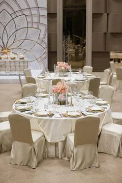 Table set for wedding or another catered event dinner Stock Photos