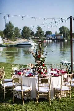 Table set for wedding or another catered event dinner Stock Photos