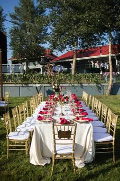 Table set for wedding or another catered event dinner Stock Photos