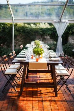 Table set for wedding or another catered event dinner Stock Photos