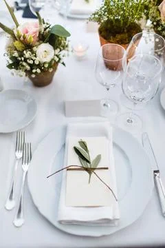 Table set for wedding or another catered event dinner Stock Photos