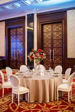 Table set for wedding or another catered event dinner Stock Photos