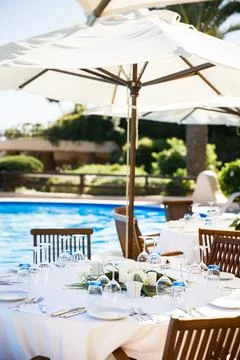 Table set for wedding or another catered event dinner Stock Photos