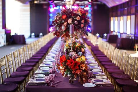 Table set for wedding or another catered event dinner Stock Photos