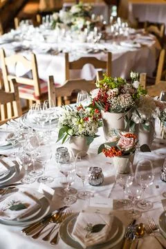 Table set for wedding or another catered event dinner Stock Photos