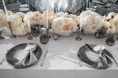 Table set for wedding or another catered event dinner Stock Photos