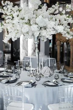 Table set for wedding or another catered event dinner Stock Photos