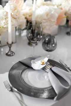 Table set for wedding or another catered event dinner Stock Photos